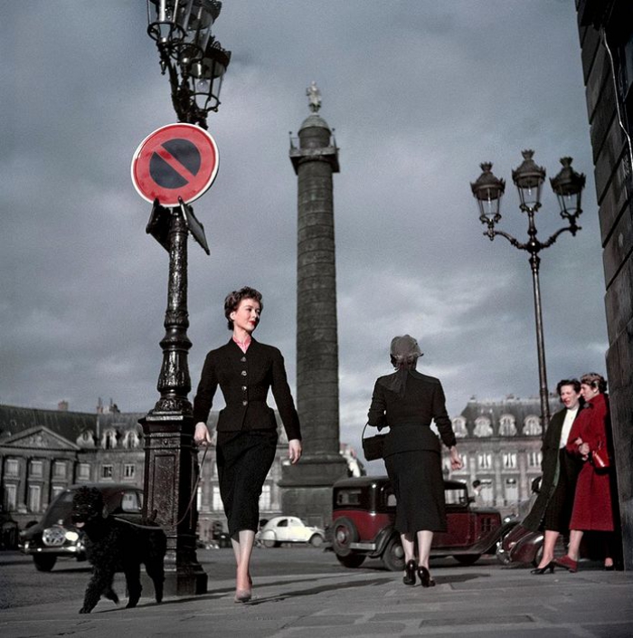 A Dior model, wearing a ‘New Look’ long skirt. Place Vendôme, 1st arrondissement, Paris, France. 1948.