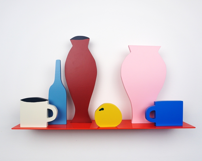 Brown vase, pink vase, blue bottle, white cup, blue cup, orange