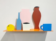 Brown vase, pink vase, blue bottle, white cup, blue cup, orange