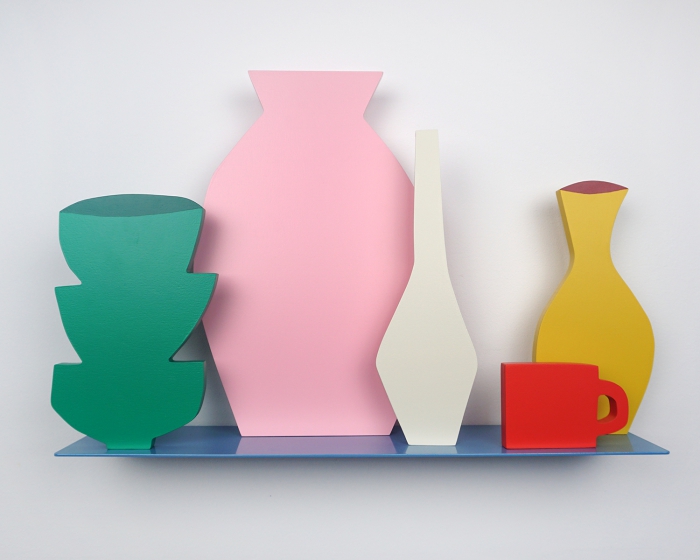 3 green bowls, pink vase, white vase, yellow vase, red cup